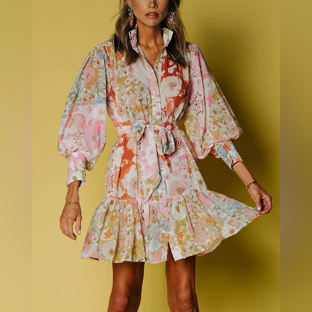 Pink Ripple Floral Garden Long Sleeve Shift mini Dress Size Small - Picture 2 of 15
